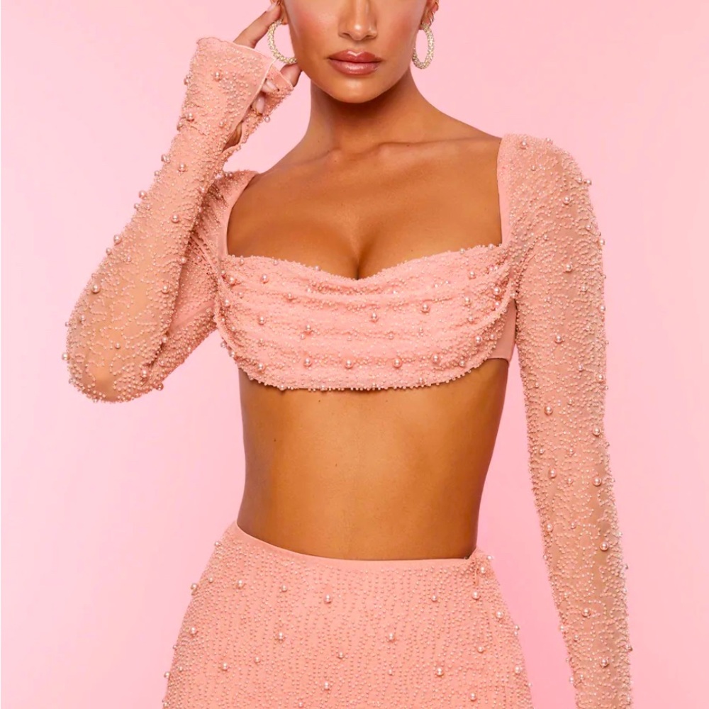 Oh Polly Embellished Cowl Neck Crop Top in Rose